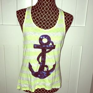 White & Neon Yellow Anchor tank top